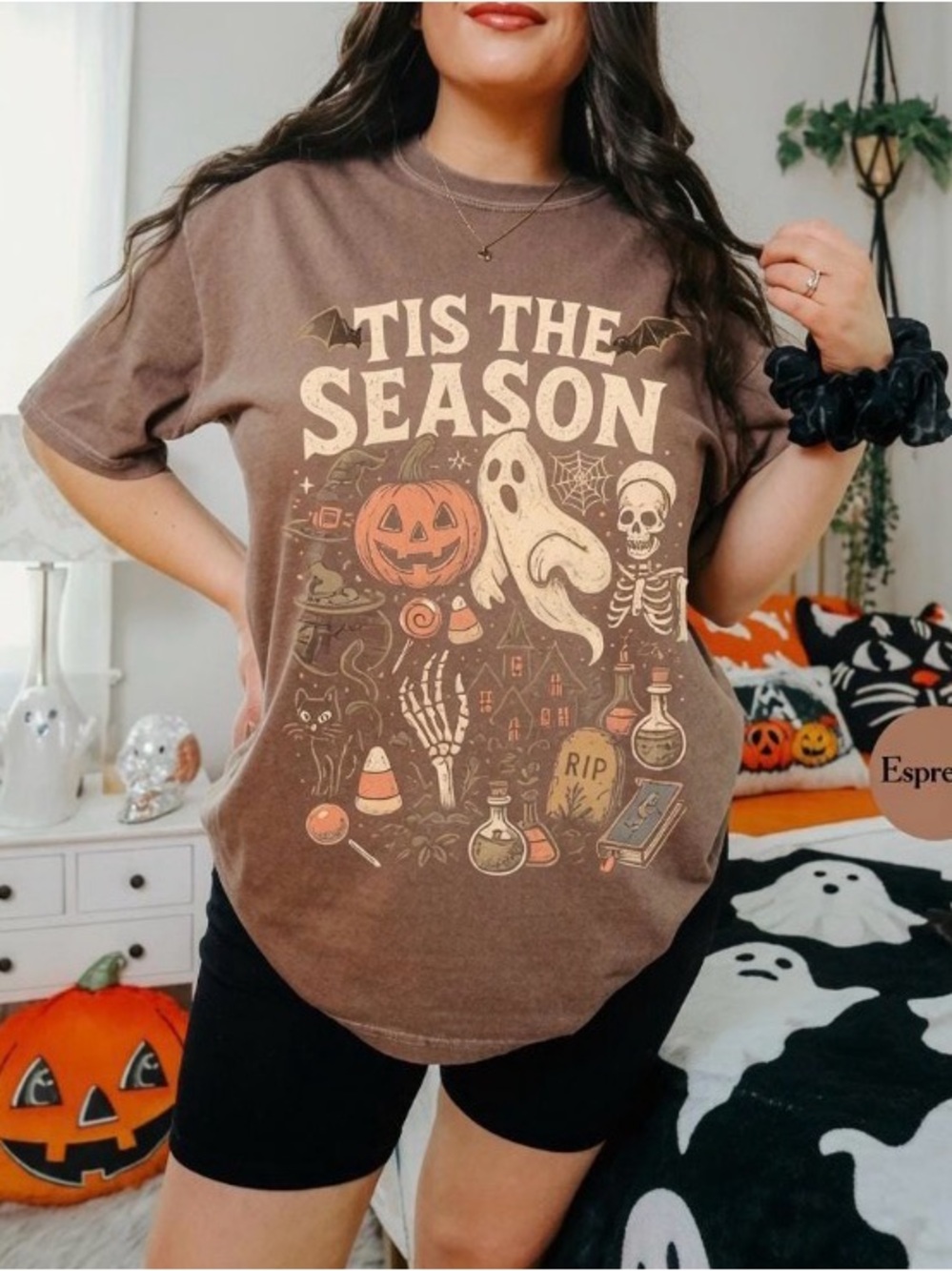 Tis The Season Halloween Graphic Tee, Ghost Pumpkin Skeletons T-Shirt